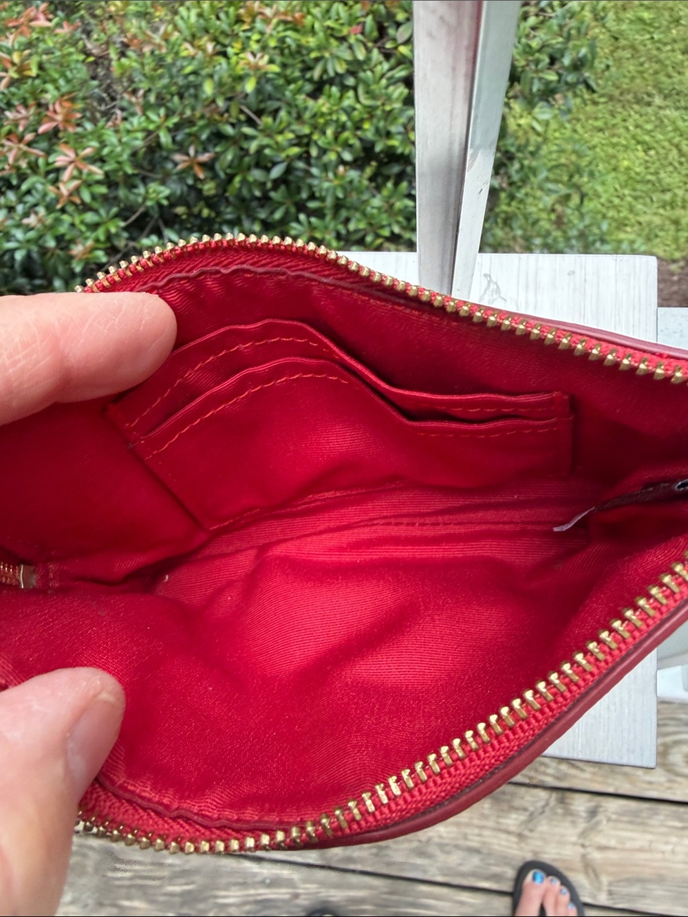 COACH Signature Stripe Zip Wristlet in Brown and Red - Picture 11 of 16